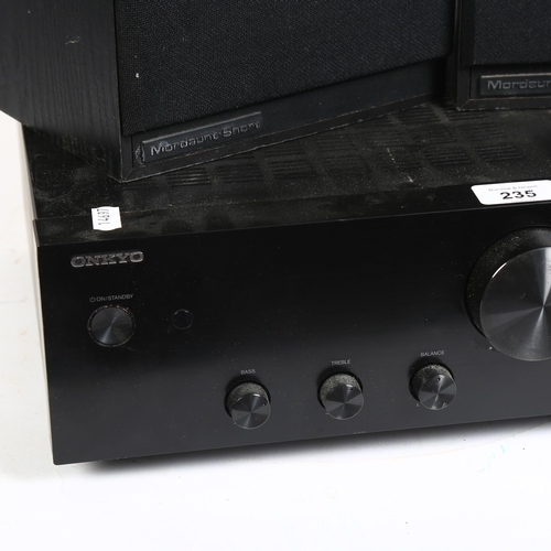 235 - Onkyo, an integrated A-9010 stereo amplifier, with associated remote control, and a pair of Mordaunt... 