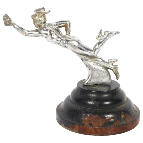 24 - A Vintage chrome plated car mascot in the form of Hermes, mounted on a turned wood stand, H20cm