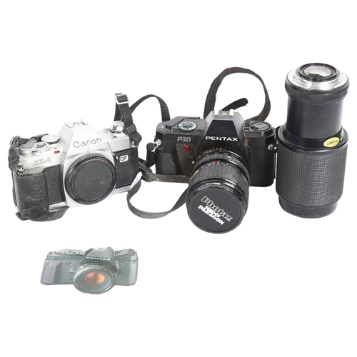 240 - A Canon AL-1QF 35mm SLR film camera, and a Pentax 3P0N camera, and a Vivitar 75-205mm 1:3.8 macro fo... 