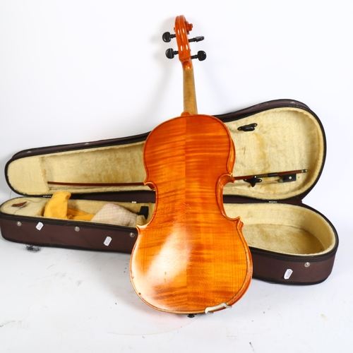 258 - A handmade English viola, no maker's label, in hardshell case with associated bow, viola length 