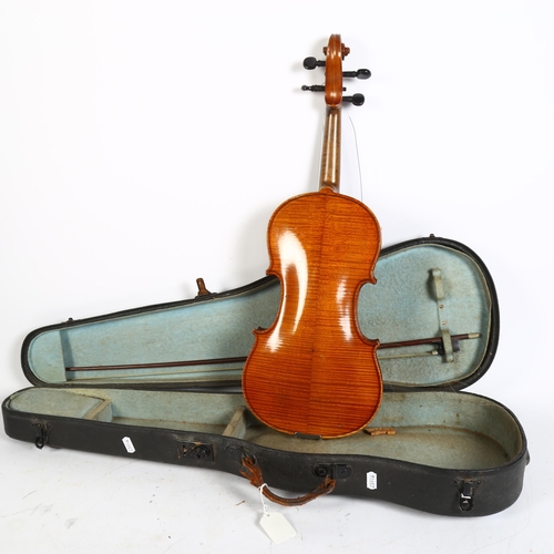 259 - A 19th century violin, with hardshell case and associated bow, violin length 14