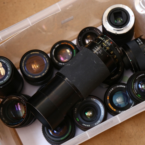 268 - A quantity of various camera lenses, including such brand names as Tamron, Miranda, Chinon etc