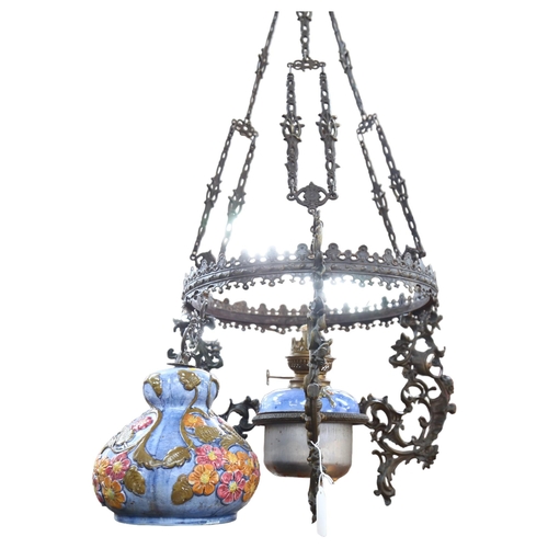 277 - An Art Nouveau style oil lamp chandelier, drop 85cm