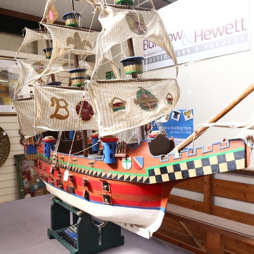 281 - A large scratch-built wooden English galleon ship, with 4 masts, remote control fittings and associa... 