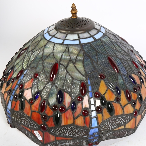 282 - A Tiffany style lead and coloured glass ceiling light shade, with floral and dragonfly decoration, d... 