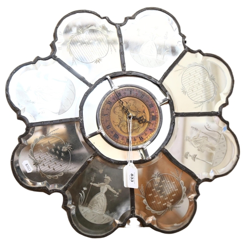 289 - A Venetian style lead-framed wall-hanging clock, decorated with 6 floral petals, each individually d... 