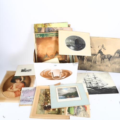 299 - 2 boxes of various Vintage and Antique photographs, pictures, paintings and prints