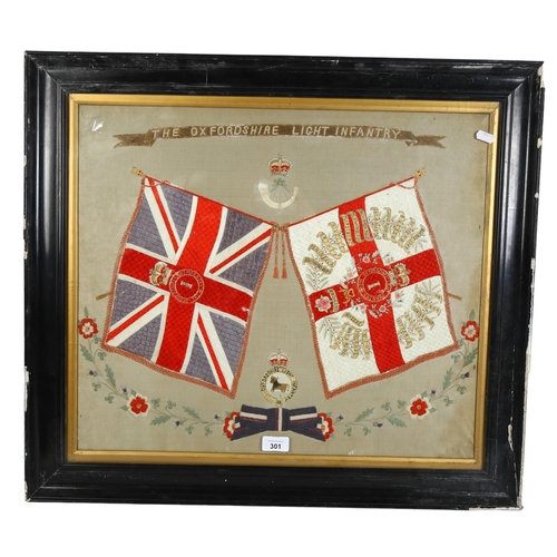 301 - The Oxfordshire Light Infantry, silk embroidered military pennant circa 1900, original ebonised fram... 