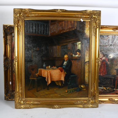 303 - A group of 3 modern oils on canvas, in modern giltwood frames, 1 depicting a gentleman eating at a t... 