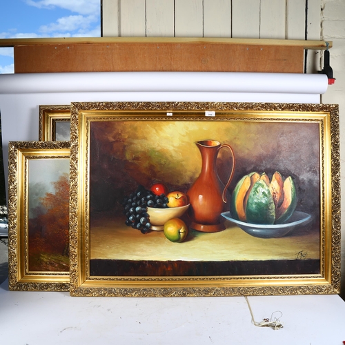 306 - A group of 3 oils on canvas, in modern giltwood frames, all indistinctly signed, 2 depicting landsca... 