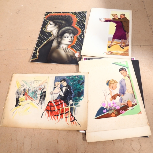 318 - Tommy Weare, 3 x 1950s original book illustrations on artist's board, and another by a different han... 