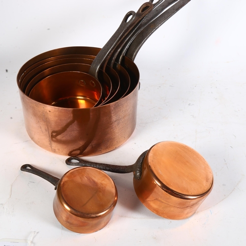 337 - A graduated set of 7 French copper kitchen pots, no label or maker's marks, largest diameter 21cm