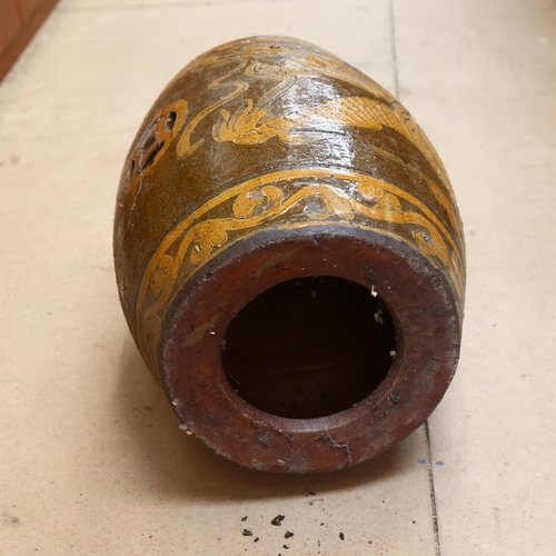 359 - A Chinese garden barrel, decorated and glazed with Chinese dragon/mythical creature decoration, H50c... 