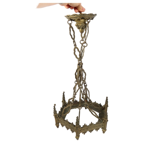 360 - A Gothic style brass hanging lamp holder, drop approx 50cm