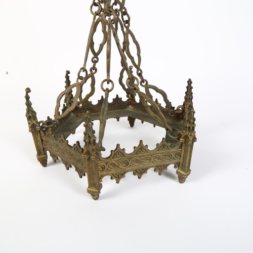 360 - A Gothic style brass hanging lamp holder, drop approx 50cm