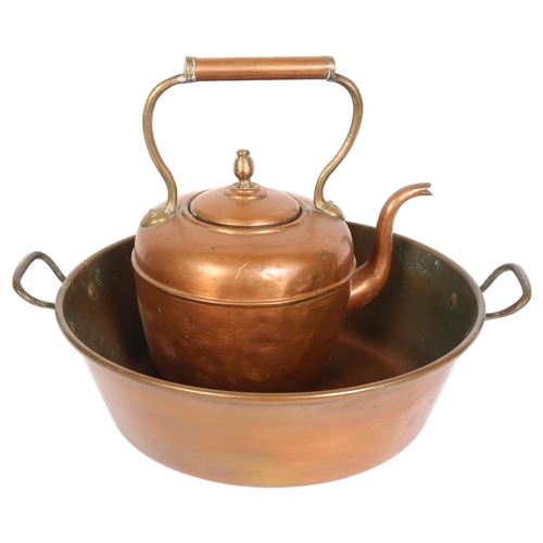 362 - A large copper jam pan, diameter 37cm, and a copper kettle