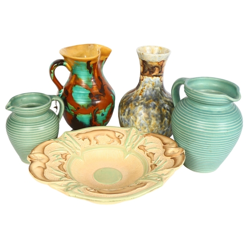 364 - A graduated pair Lovetts Langley Ware green ribbed jugs, tallest 20.5cm, Art pottery vase and jug, a... 