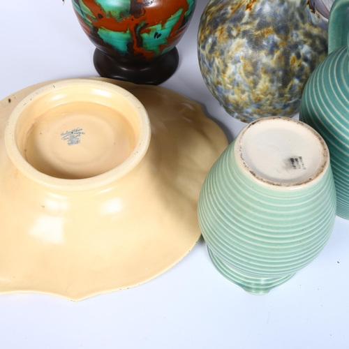 364 - A graduated pair Lovetts Langley Ware green ribbed jugs, tallest 20.5cm, Art pottery vase and jug, a... 