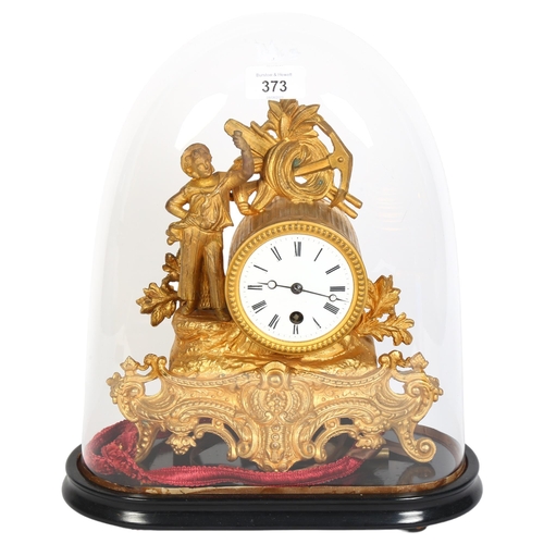 373 - Antique English ormolu-cased clock with sailor figure and anchor motif, under glass dome on plinth, ... 