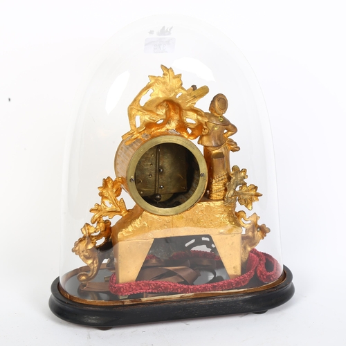 373 - Antique English ormolu-cased clock with sailor figure and anchor motif, under glass dome on plinth, ... 