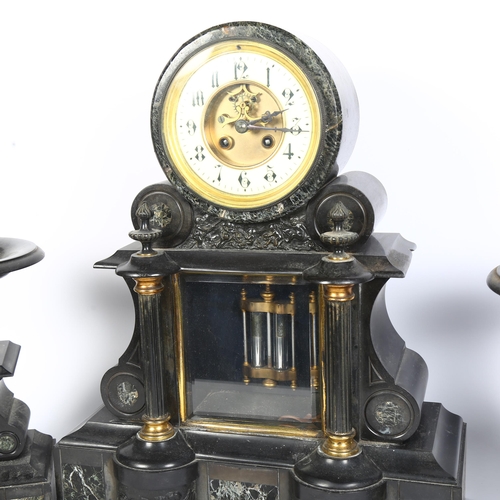 376 - A Victorian two-colour marble clock garniture, 8-day movement, striking on a bell, open escapement w... 