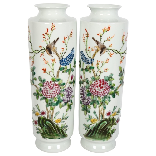 405 - A pair of Chinese Republic Period white glaze porcelain sleeve vases, with painted blossom flowers a... 