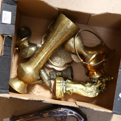 416 - A collection of various brass and copper items, including a solid brass figurine, and various Indian... 