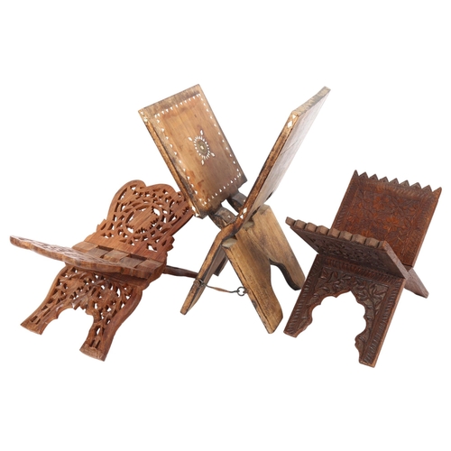 49 - A bone inlaid folding table-top Koran stand, and 2 other carved hardwood table-top folding Koran sta... 