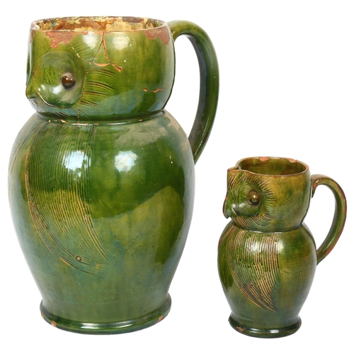 6 - 2 Farnham pottery earthenware owl jugs, green glaze with incised decoration, unmarked to the base, t... 