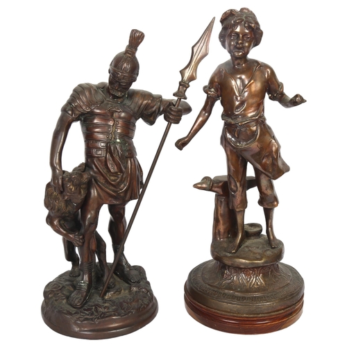 61 - ERNEST RANCOULET - a cast-bronze figure of a boy with an anvil, on turned wood base, H44cm, together... 