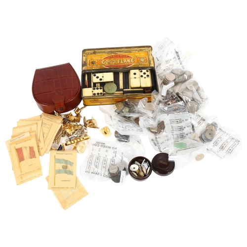 634 - Gold Flake tin with dominos, cufflinks and studs, and various pre-decimal coinage and cigarette silk... 