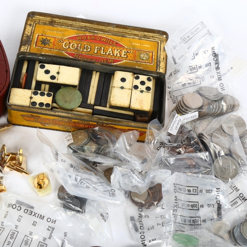 634 - Gold Flake tin with dominos, cufflinks and studs, and various pre-decimal coinage and cigarette silk... 