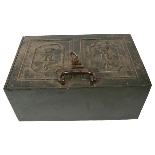7 - An early 20th century military green painted cast-iron strong box, with 2 carrying handles and key, ... 