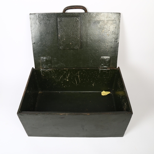 7 - An early 20th century military green painted cast-iron strong box, with 2 carrying handles and key, ... 