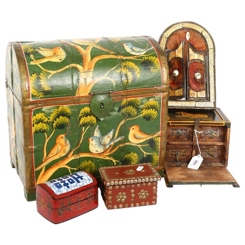 768 - A painted dome-top wine bottle holder, a wall mirror with doors, 2 boxes, and a miniature cabinet wi... 