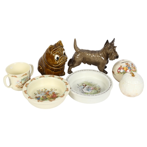 769 - Royal Doulton and Wedgwood Bunnykins breakfast ware, a Sylvac Bulldog money box, a Coalport jam pot ... 