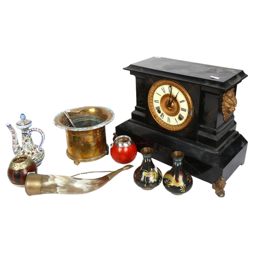 775 - A slate-cased mantel clock, cloisonne vases, a horn, gourd pots etc