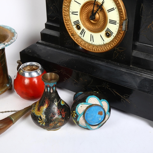 775 - A slate-cased mantel clock, cloisonne vases, a horn, gourd pots etc