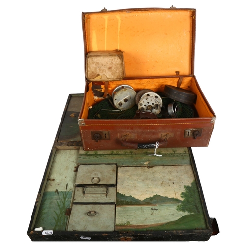 776 - A case containing Vintage fishing reels, and an unusual hinged angler's box, with painted river view... 