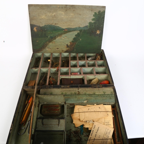 776 - A case containing Vintage fishing reels, and an unusual hinged angler's box, with painted river view... 