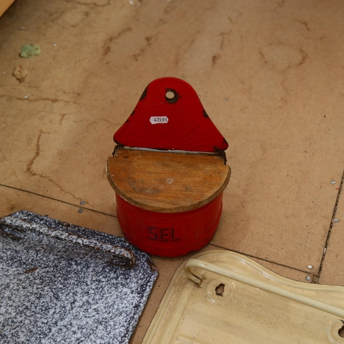 789 - French enamel salt pot, and 3 enamel utensil holders