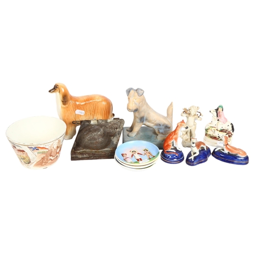 799 - A Bourne Denby Ware Scottie dog, reproduction Staffordshire inkwell, 2 other, 3 hand painted dishes,... 