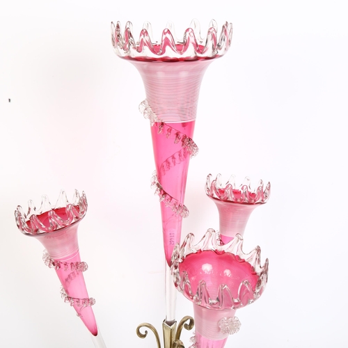 800 - A cranberry glass and silver plated table epergne, with 4 shaped trumpets, H58cm