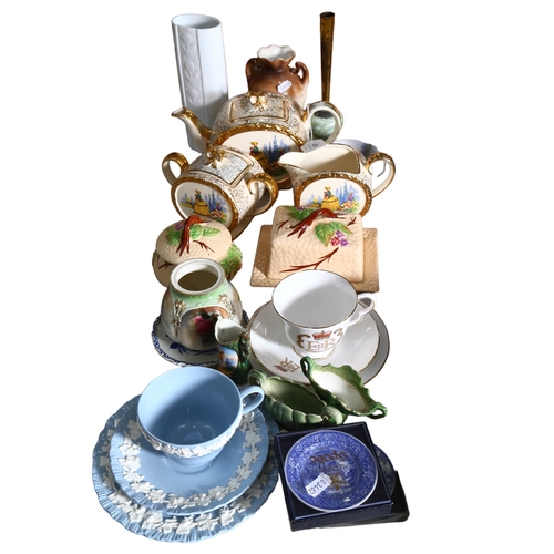 801 - A Sadler's crinoline lady design 3-piece tea set, Wade cheese dome and cover, Wedgwood trio etc