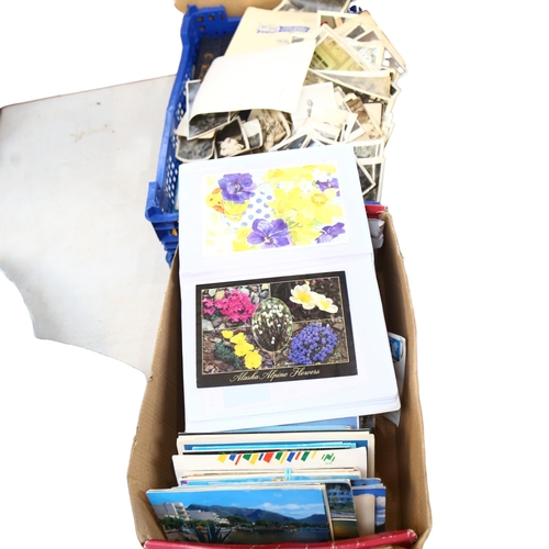 805 - 2 boxes of modern postcards, photographs, and a William Crawford & Sons biscuit tin