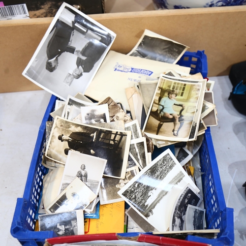 805 - 2 boxes of modern postcards, photographs, and a William Crawford & Sons biscuit tin