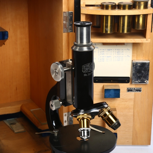 809 - Winkel-Zeiss Gottinge, a mid-century student's microscope, triple nosepiece, no. 38777, original cas... 