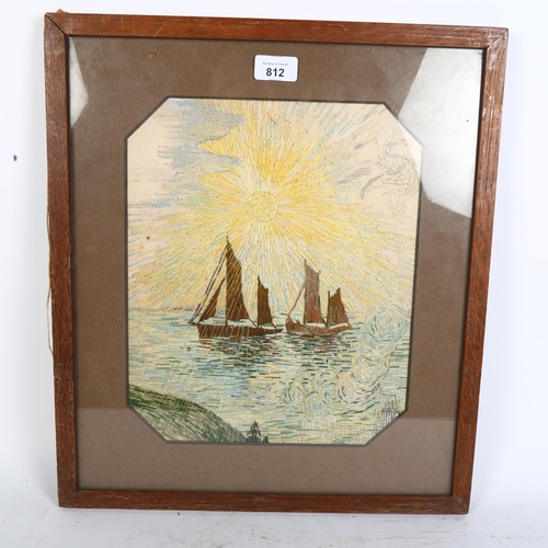 812 - A framed needlework depicting the sun rising over masted sailing ships, 46.5 x 40.5cm