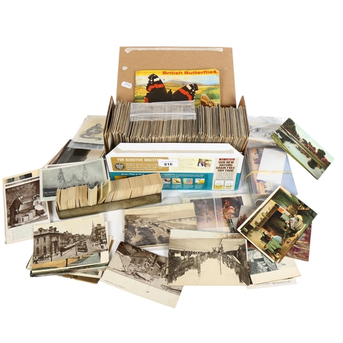 816 - A box of various topographical postcards, a sleeve of book read cards, an album of tea cards etc