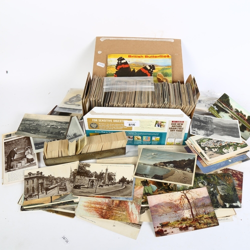 816 - A box of various topographical postcards, a sleeve of book read cards, an album of tea cards etc